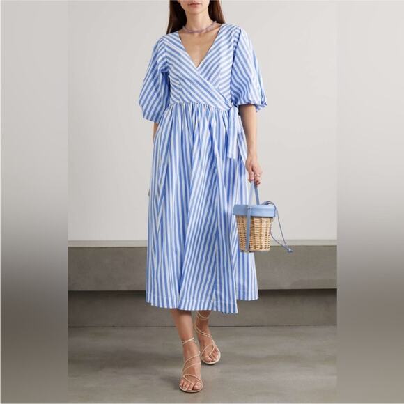 STAUD Jodie Midi Wrap Dress in Sea Stripe S - Picture 1 of 14